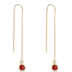 Garnet and White Topaz Threader Earrings, 14K Yellow Gold