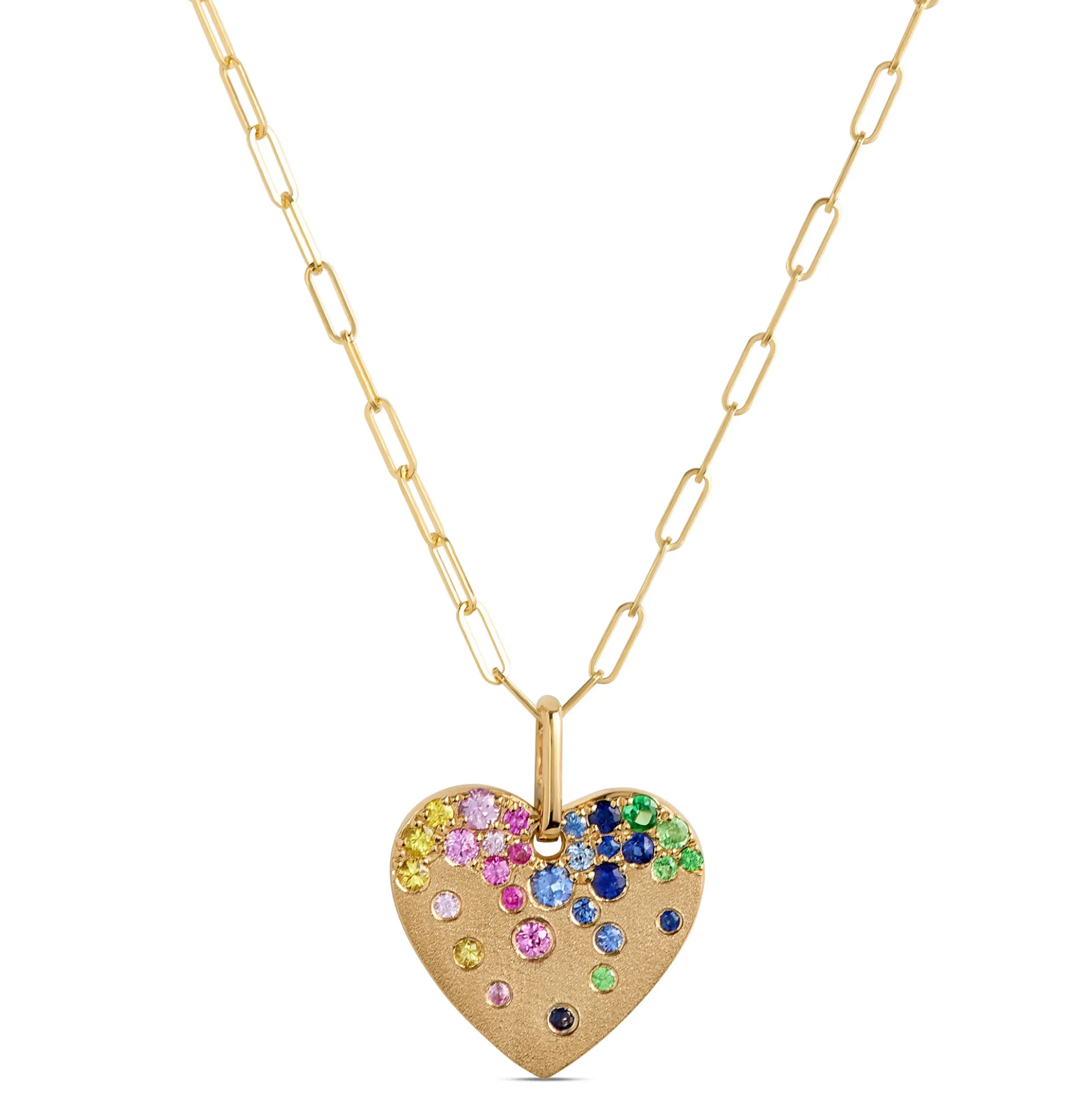 Heart Shaped Confetti Tsavorite and Sapphire Rainbow Pendant, 14K Yellow Gold