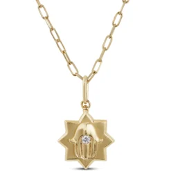 Ikuma Diamond Paperclip Necklace with Hamsa Pendant, 14K Yellow Gold