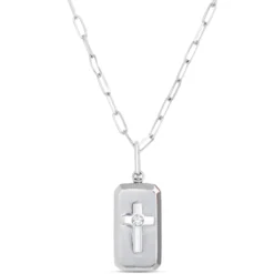 Ikuma Square Cross Diamond Pendant on Paperclip Chain, 14K White Gold