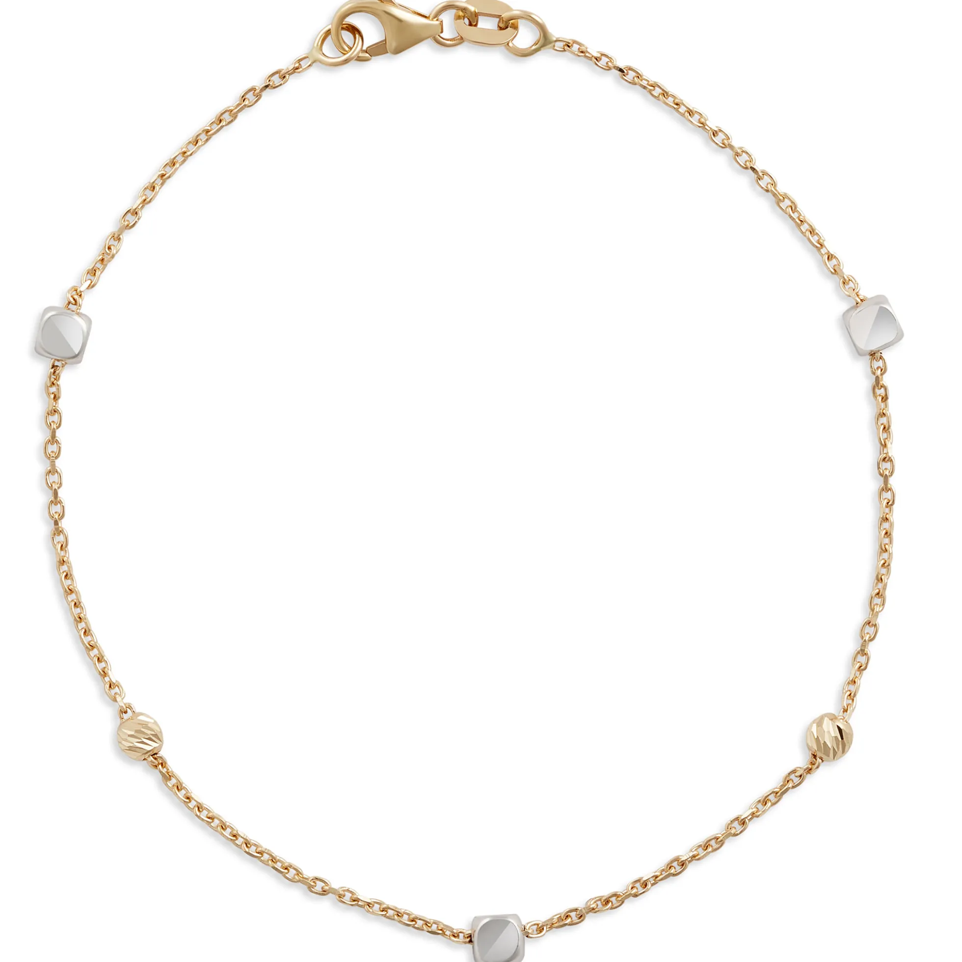 7-Inch Cube and Round Bead Station Bracelet, 14K Yellow Gold