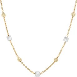 18-Inch Cube and Round Bead Station Necklace, 14K Yellow Gold