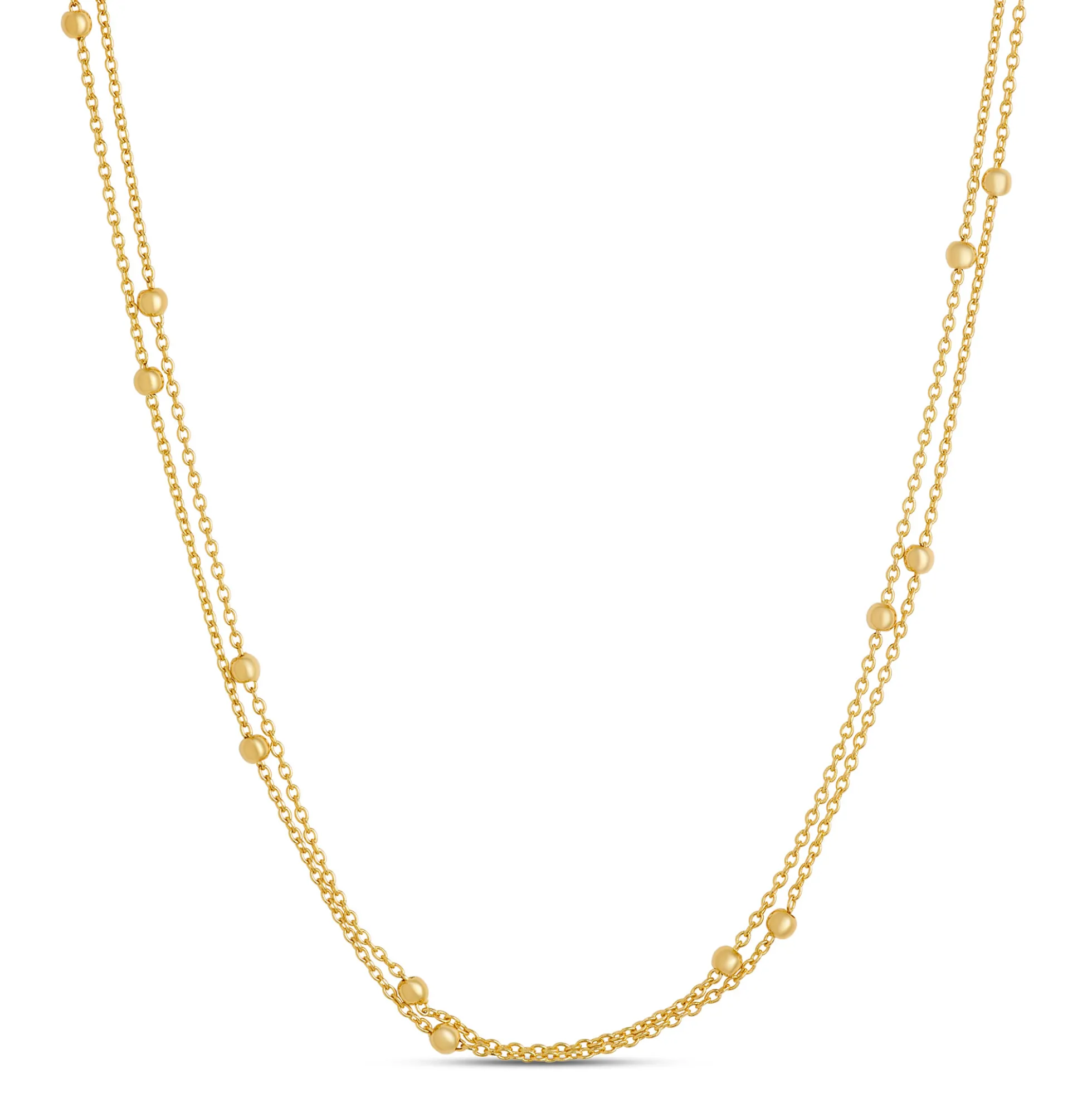17-Inch Double Strand Necklace with Bead Stations, 14K Yellow Gold