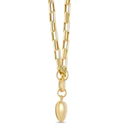 18-Inch Puffed Heart Pendant on rectangle Link Chain, 14K Yellow Gold