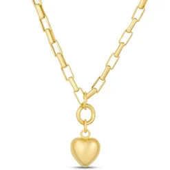 18-Inch Puffed Heart Pendant on rectangle Link Chain, 14K Yellow Gold
