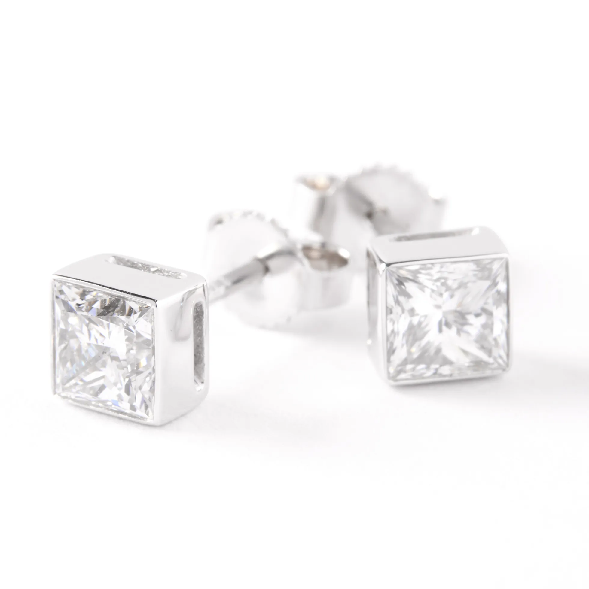 Invisible Bezel Solitaire Princess Cut Diamond Studs, 14K White Gold