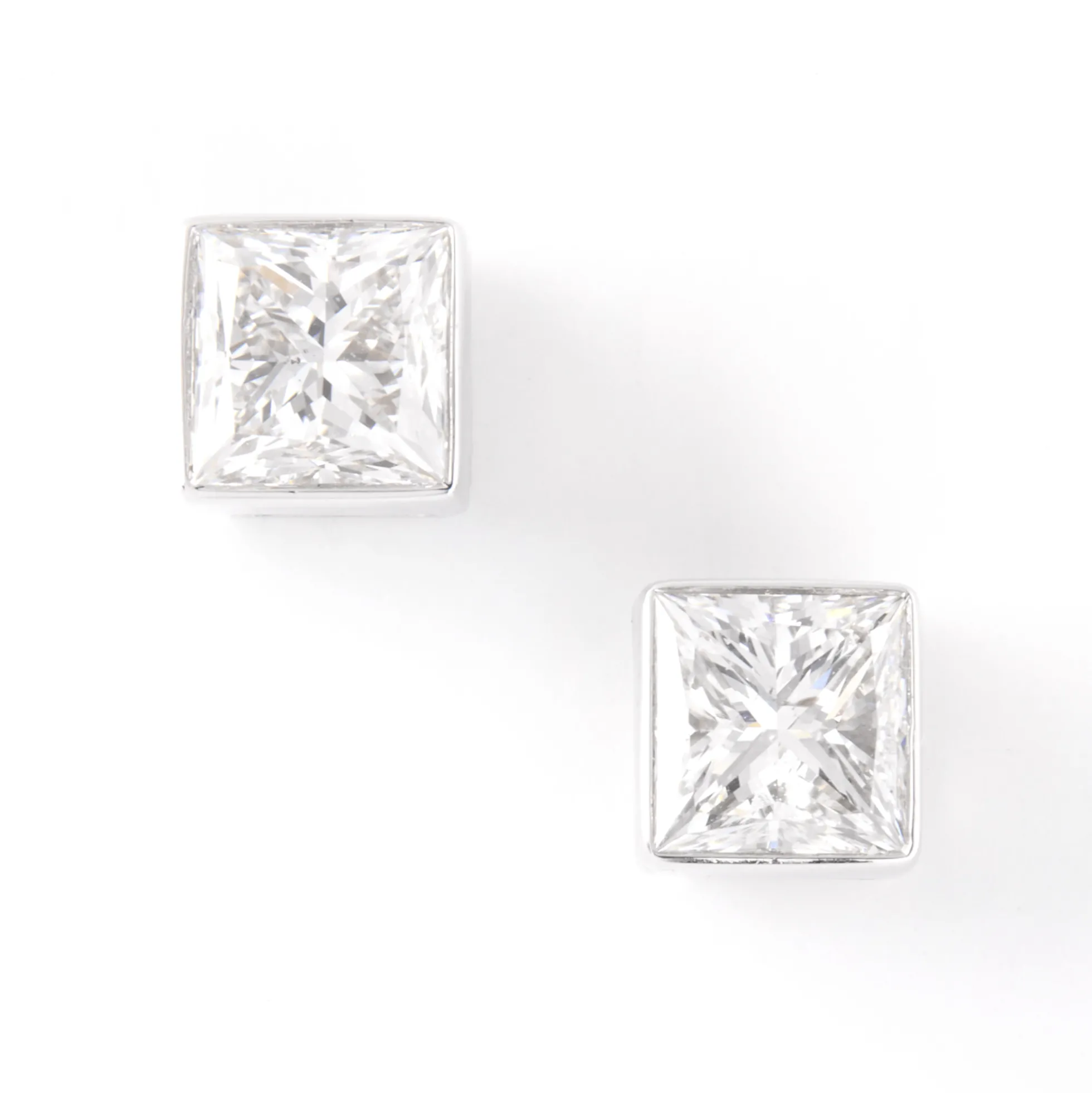 Invisible Bezel Solitaire Princess Cut Diamond Studs, 14K White Gold