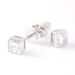 Invisible Bezel Solitaire Princess Cut Diamond Studs, 14K White Gold