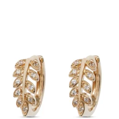 Leaf Hoop Diamond Hoop Earrings, 14K Yellow Gold