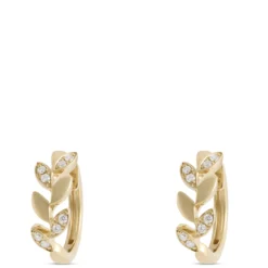 Leaf Shaped Hoops with Diamonds, 14K Yellow Gold