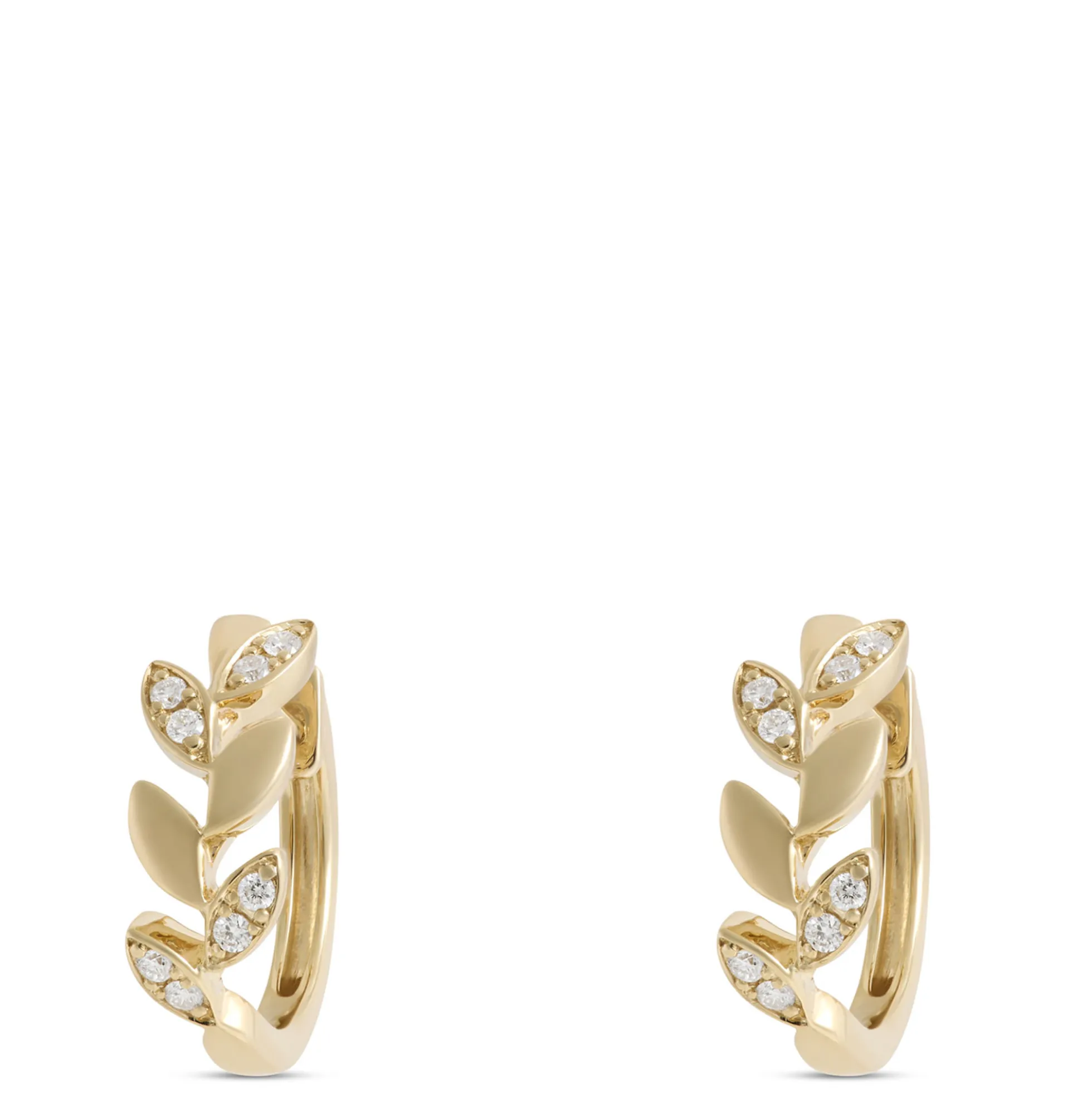 Leaf Shaped Hoops with Diamonds, 14K Yellow Gold