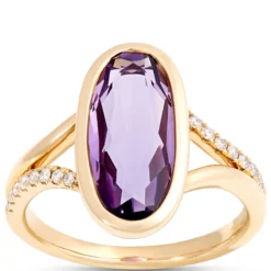Long Oval Amethyst Ring, 14K Yellow Gold