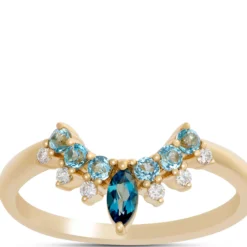 Marquise Blue Topaz and Round Diamond Ring, 14K Yellow Gold