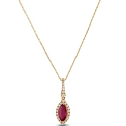 Marquise Ruby & Diamond Halo Necklace 14K