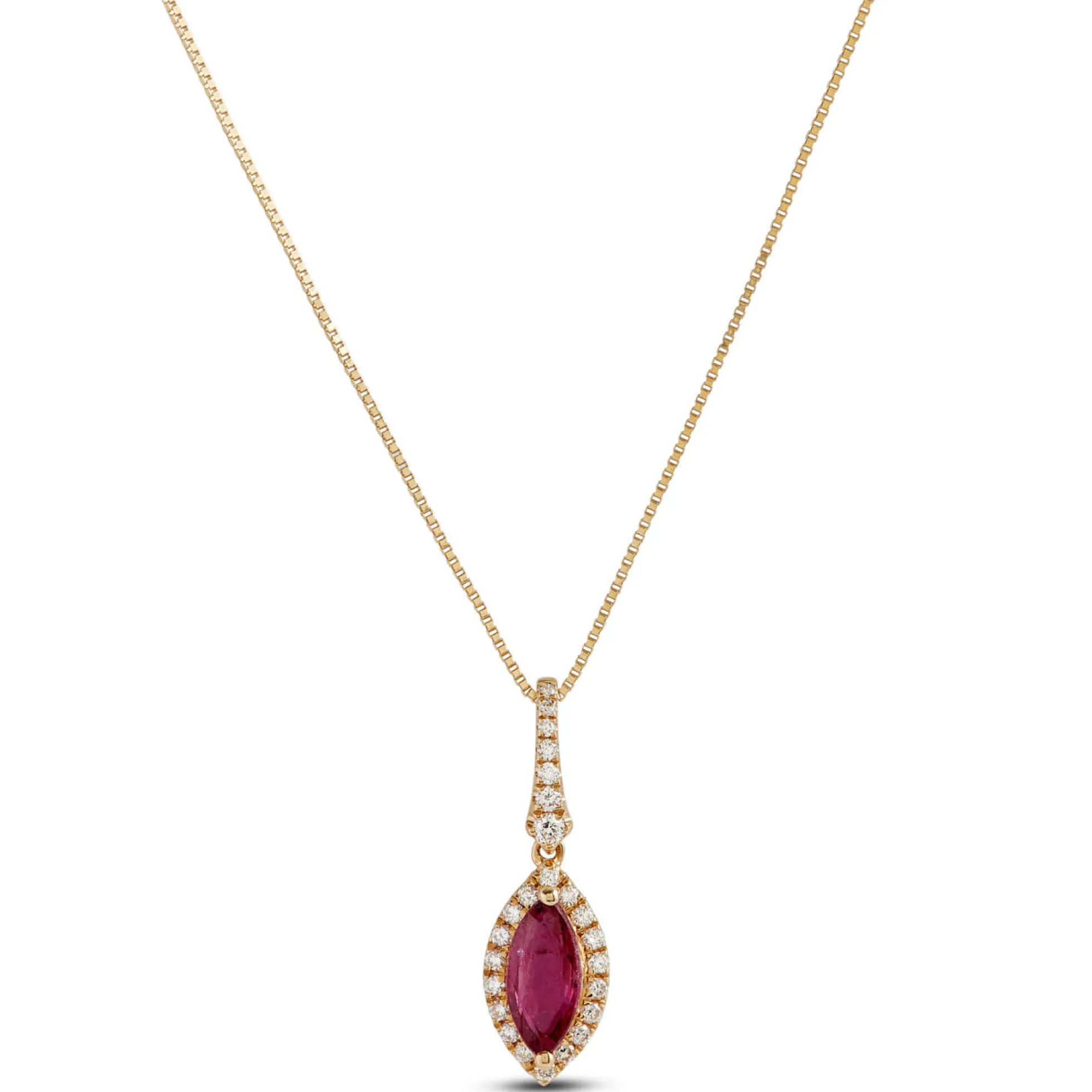 Marquise Ruby & Diamond Halo Necklace 14K