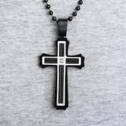 Men's Black Cross with Diamond Necklace in Stainless Steel
