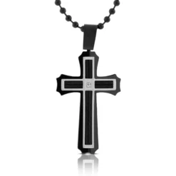 Men's Black Cross with Diamond Necklace in Stainless Steel