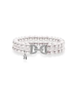 Mikimoto Akoya Cultured Pearl Double Row Bracelet in 18K Yellow Gold with Diamond Clasp