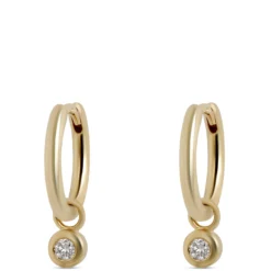 12MM Diamond Hoop Earrings, 14K Yellow Gold