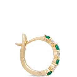14MM Emerald and Round Diamond Hoops, 14K Yellow Gold