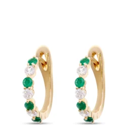 14MM Emerald and Round Diamond Hoops, 14K Yellow Gold