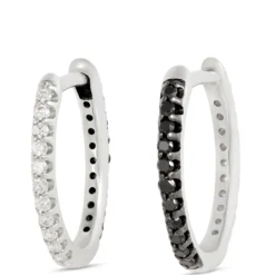 12.5MM Reversible Hoops with Black and White Diamonds, 14K White Gold