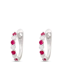 14MM Round Ruby and Diamond Hoop Earrings in 14K White Gold