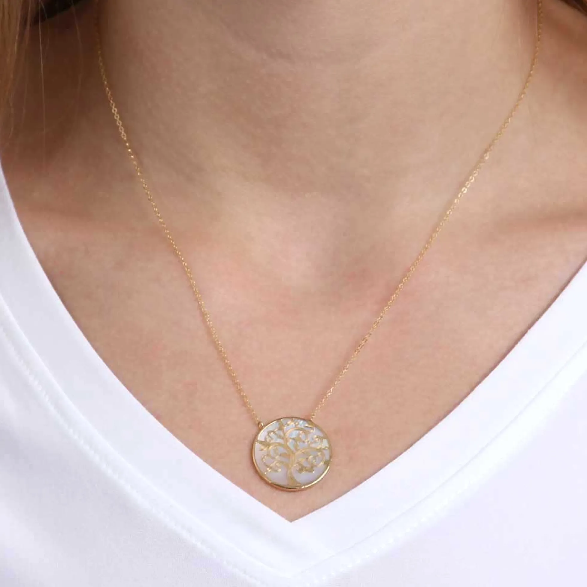 Mother of Pearl Tree of Life Necklace 14K