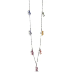 Multi-Colored Sapphire Floral Station Necklace, 14K White Gold