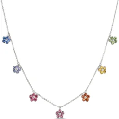 Multi-Colored Sapphire Floral Station Necklace, 14K White Gold