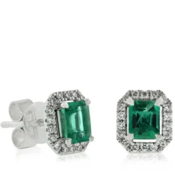 Octagon Emerald & Diamond Earrings 14K