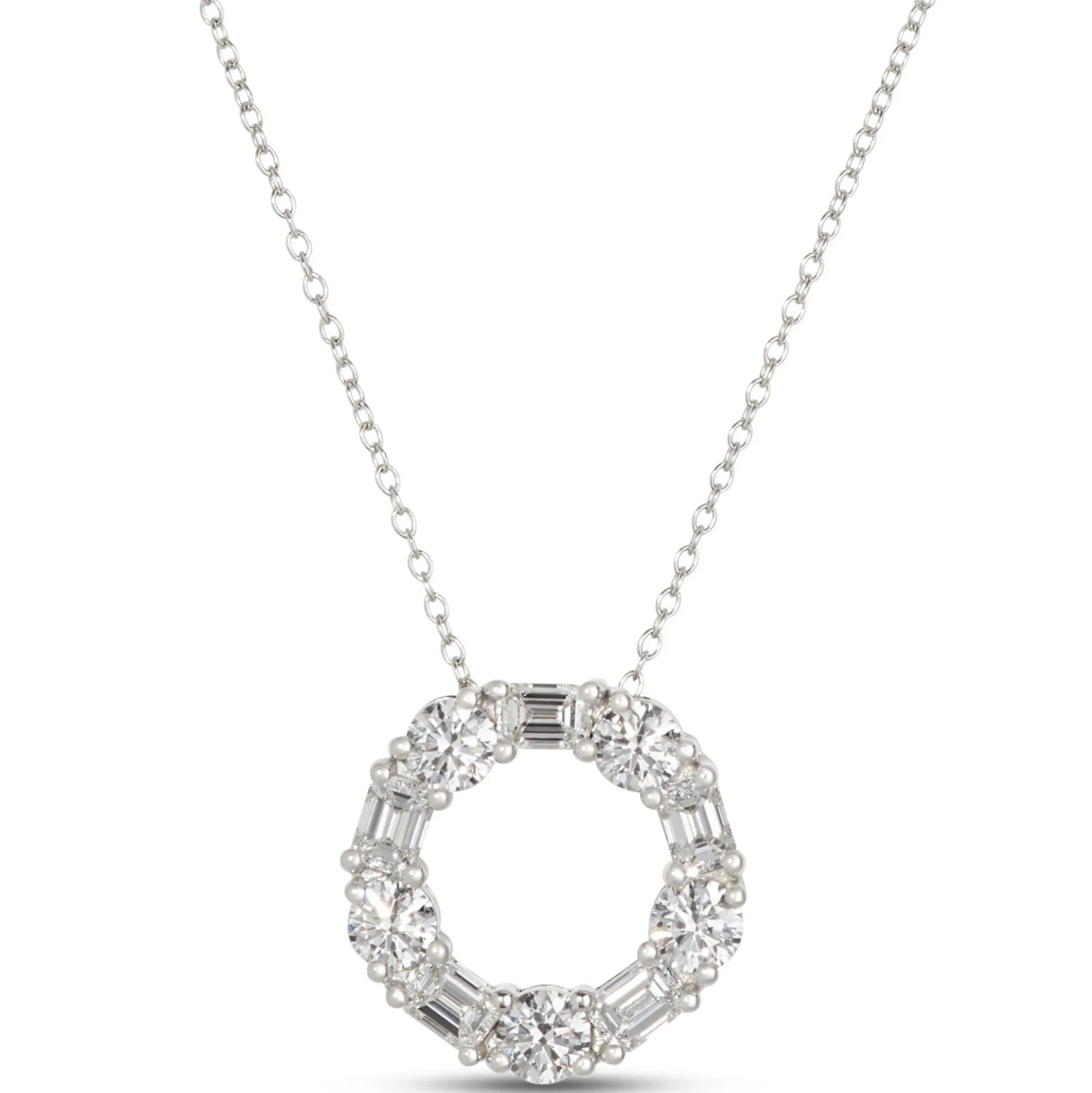 Open Circle Pendant with Emerald Cut and Round Diamonds, 2 Total Carat Weight, 14K White Gold