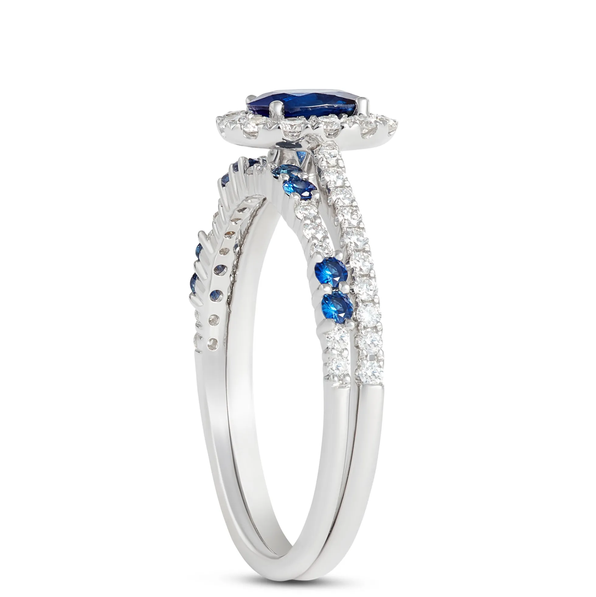 Oval Blue Sapphire and Round Diamond Ring, 14K White Gold