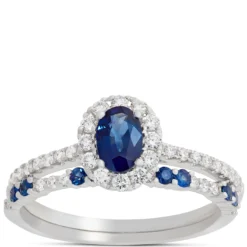 Oval Blue Sapphire and Round Diamond Ring, 14K White Gold