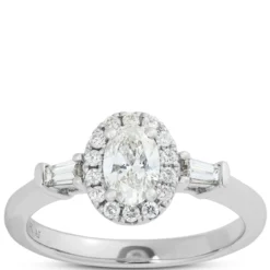 Oval Cut Diamond Halo Engagement Ring, 14K White Gold