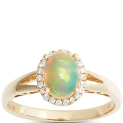 Oval Cut Opal and Diamond Halo Ring, 14K Yellow Gold