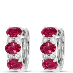 Oval Cut Ruby and Diamond Hoop Earrings, 14K White Gold