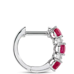 Oval Cut Ruby and Diamond Hoop Earrings, 14K White Gold