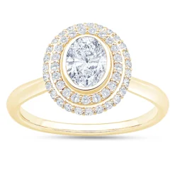 Oval Diamond Engagement Ring with Double Halo, 14K Yellow Gold