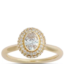 Oval Diamond Engagement Ring with Double Halo, 14K Yellow Gold