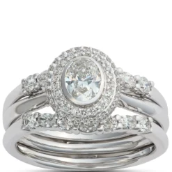 Oval Diamond Engagement Ring with Double Halo, 14K White Gold