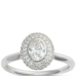 Oval Diamond Engagement Ring with Double Halo, 14K White Gold