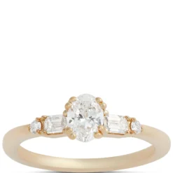 Oval, Emerald and Round Cut Diamond Engagement Ring, 14K Yellow Gold