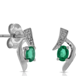 Oval Emerald & Diamond Earrings 14K