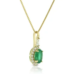 Oval Emerald & Diamond Halo Necklace, 14K Yellow Gold
