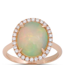 Oval Opal and Round Diamond Halo Ring, 14K Yellow Gold