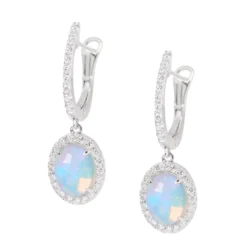 Oval Opal Earrings with Diamond Halo, 14K White Gold