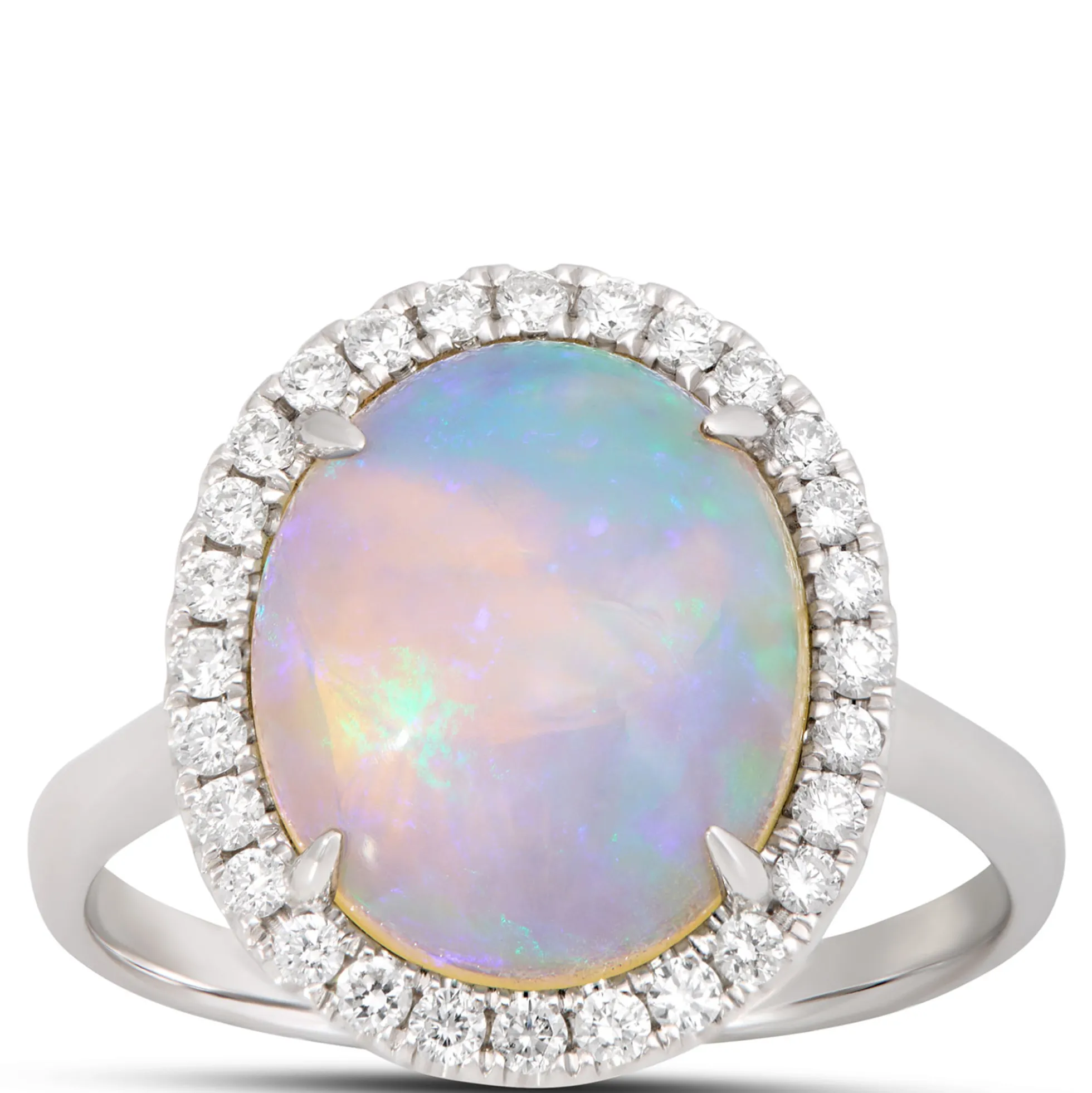 Oval Opal Ring with Diamond Halo, 14K White Gold