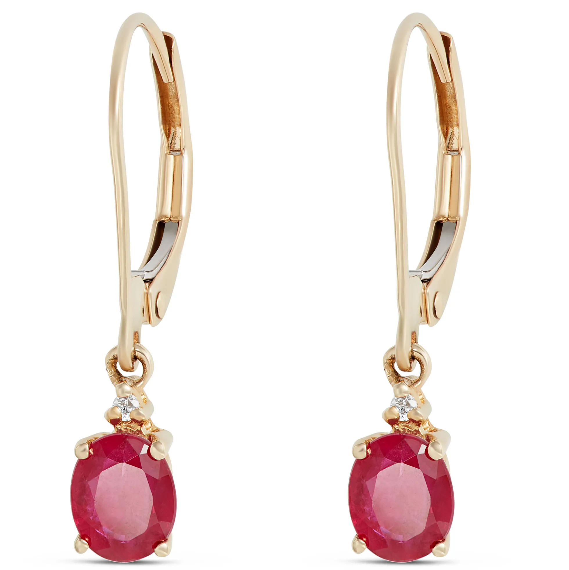 Oval Ruby and Diamond Dangle Earrings, 14K Yellow Gold