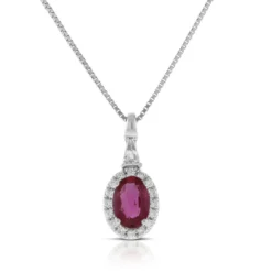 Oval Ruby & Diamond Halo Necklace 14K